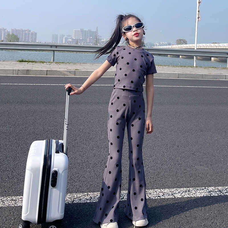 女童高级感套装T恤上衣2025夏季新款大童微喇R叭裤气质波点两件套