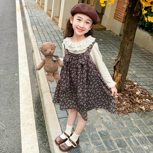 女童洋氣春秋季 公主碎花裙子早秋 女寶寶20H24新款 吊帶連n衣裙套裝