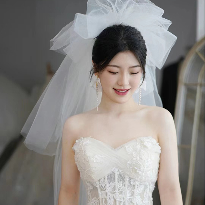 2023新款头纱抓泡云朵蓬蓬头z纱韩式结婚新娘摄影造型街拍婚纱跟