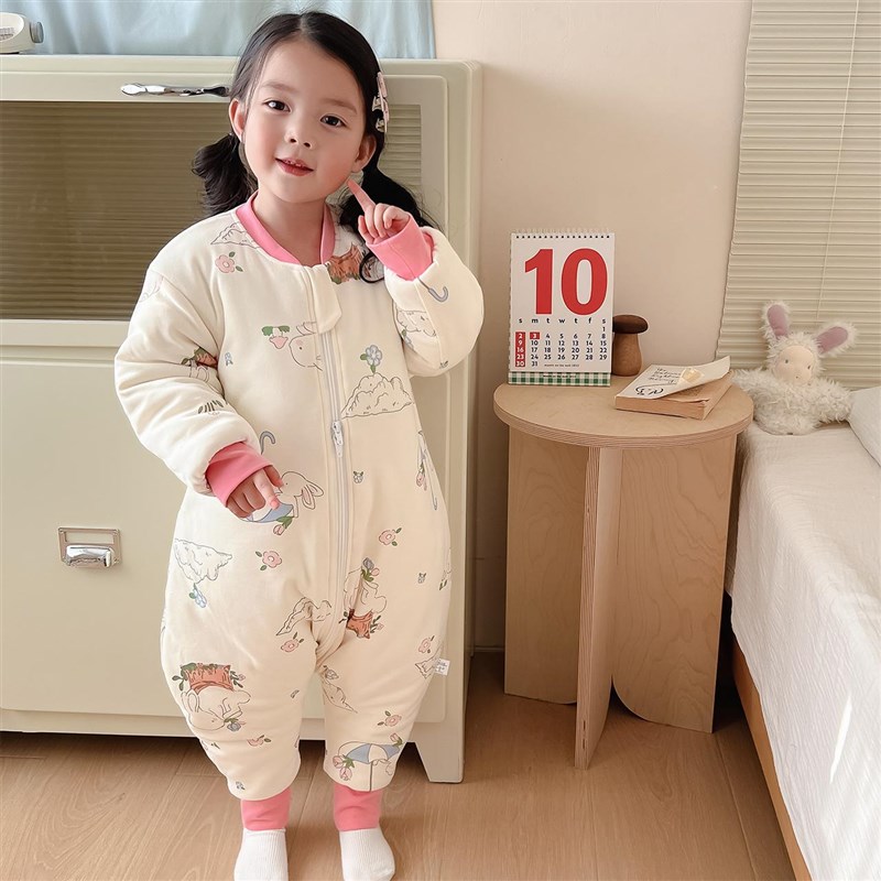 婴儿睡袋秋冬款恒温加厚宝宝分腿防踢被子豆N豆绒儿童连体睡衣冬