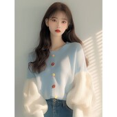 针织上衣女宽松慵懒风蓝色拼接灯笼袖 韩版 设计感小清新开衫 毛衣女