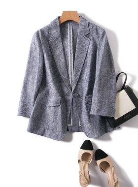 轻职场通勤!气质夹花灰蓝色七分袖一G粒扣修身棉麻西装外套薄女夏