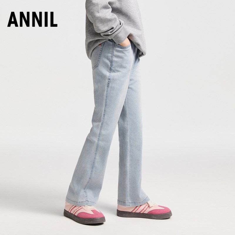 安奈儿童装女童牛仔裤2025春新款时尚微喇透气弹力浅蓝色长裤#