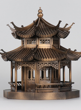 新中式禅意古铜色建筑中国风玄关柜茶桌八角凉亭样板间售楼部摆件