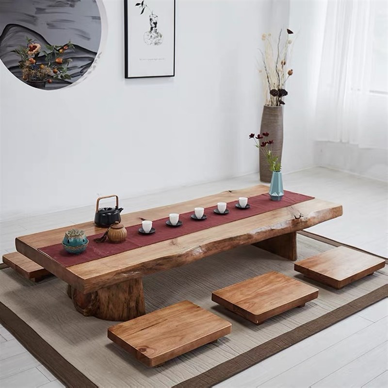 日式原木大板茶桌椅组合实木不规则泡茶台榻榻米禅意阳台坐地矮桌