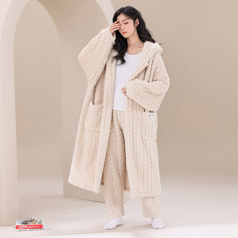 睡袍女秋冬季珊瑚绒加绒加厚连帽浴袍保暖长版2023新款女士睡衣