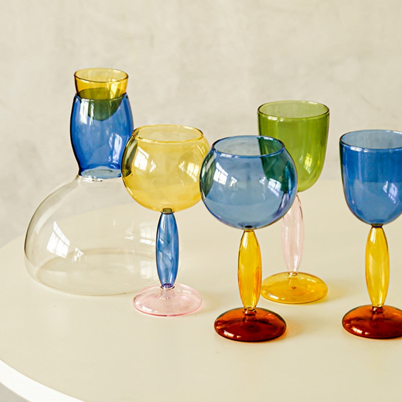 网红纯手工彩色玻璃葡萄酒高脚杯创意高硼硅波尔多红酒杯子醒酒器