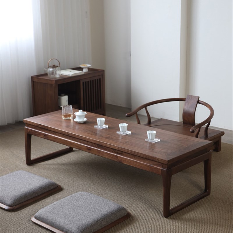 中式茶桌榻榻米茶几实木禅意小桌子北美黑胡桃木矮桌家用炕桌飘窗