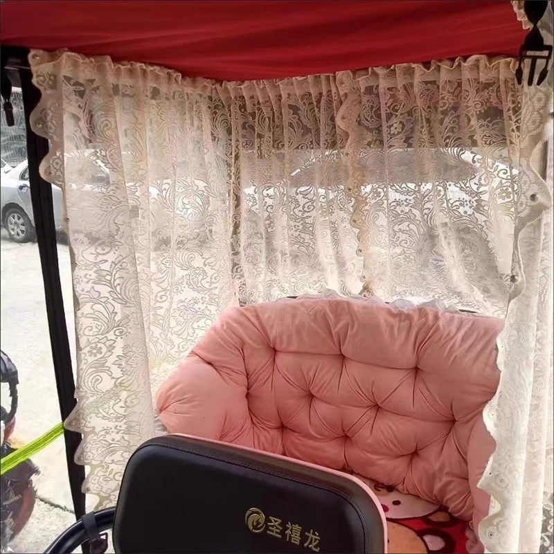 纱帘遮阳电动三轮车内室改装饰防晒微透窗帘免打孔自粘魔术贴短帘