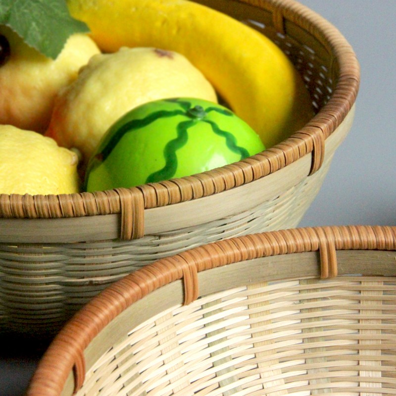 竹制品特色藤口包边水果篮子竹编平底藤口三件套 零碎创意收纳篮