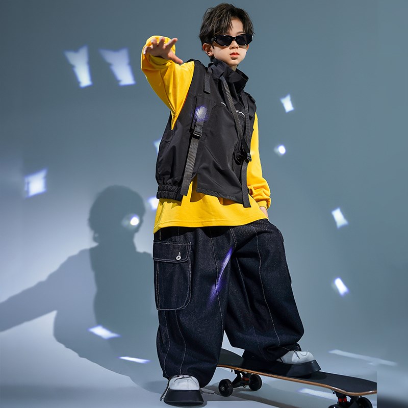 儿童街舞潮服男女童潮酷马甲演出服少儿嘻哈hiphop架子鼓爵士舞服