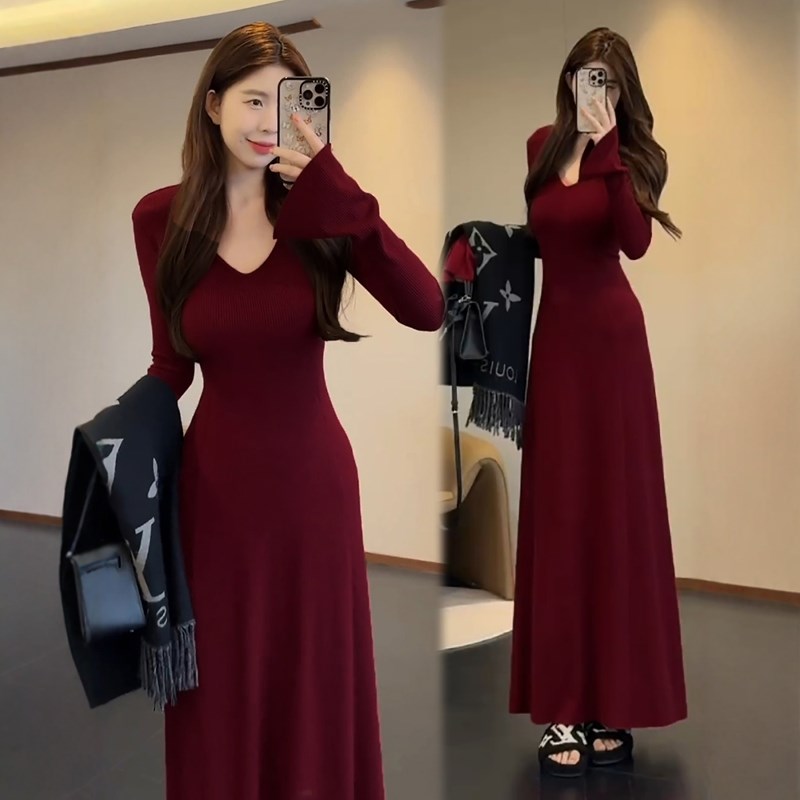 【圣诞战衣】安卡拉红长款针织连衣裙细腰喇叭袖时尚收腰修身秋冬