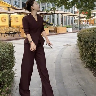 阔腿裤 高端气质西服套装 高级感安哥拉红色V领双排扣外套 款 女秋季
