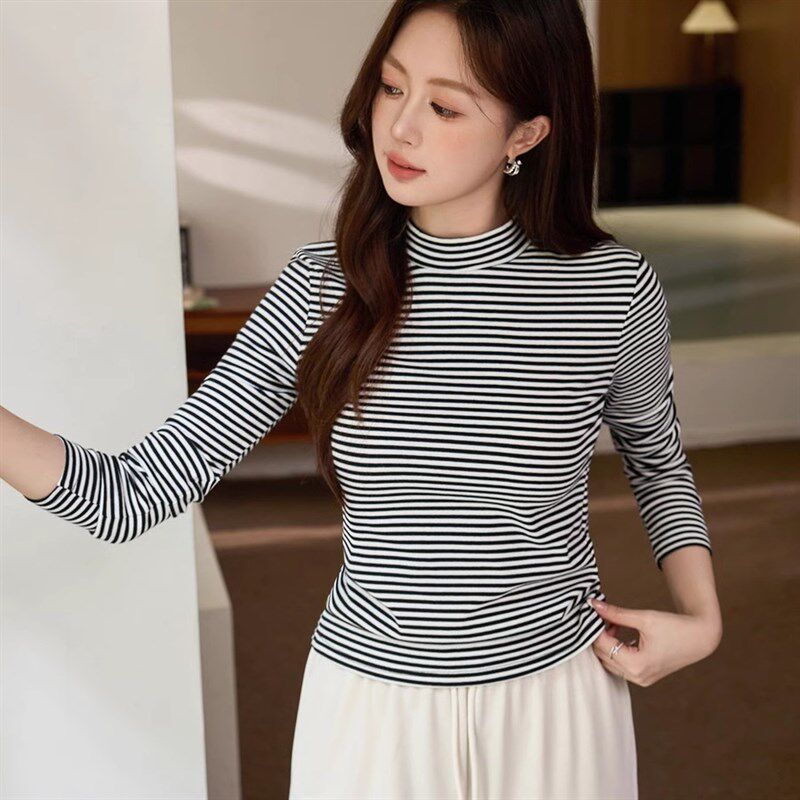纯棉T恤女长袖洋气条纹打底衫2025秋冬季新款半高领百搭显瘦上衣