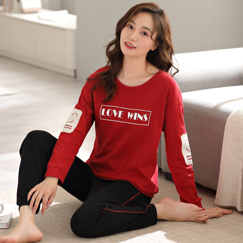 睡衣纯棉可出门女款春秋款2023新款长袖居家服红色休闲秋季套装