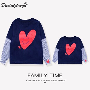 亲子装一家三口2024新款母女装儿童卫衣打底衫母子假两件长袖t恤