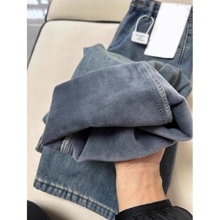 复古蓝直筒牛仔裤女秋冬加绒加厚高腰胖妹妹mm高腰宽松显瘦阔腿裤