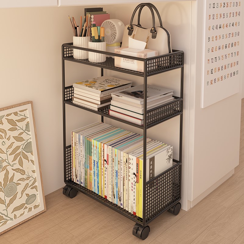 桌下置物架书桌旁k可移动带滑轮小书架落地办公桌边推车书本收纳
