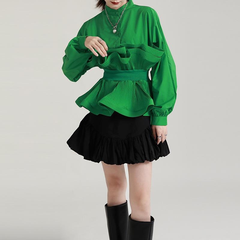 荷叶边衬衫女2024春秋季设计感灯笼袖立体花瓣束腰修身显瘦上衣