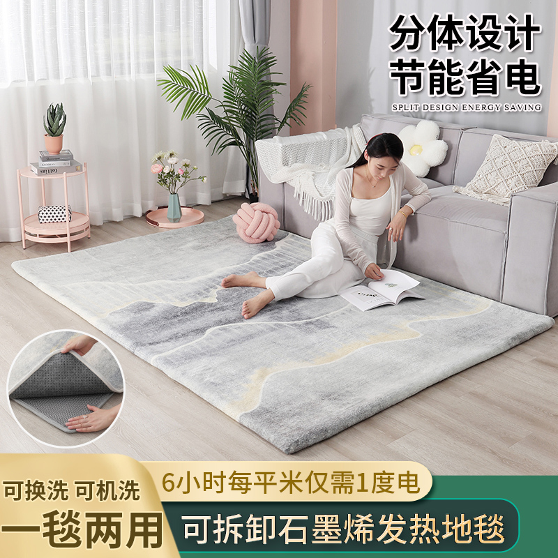新中式可拆卸可机洗水洗石墨烯电热地毯家用客厅移动地暖垫发热垫