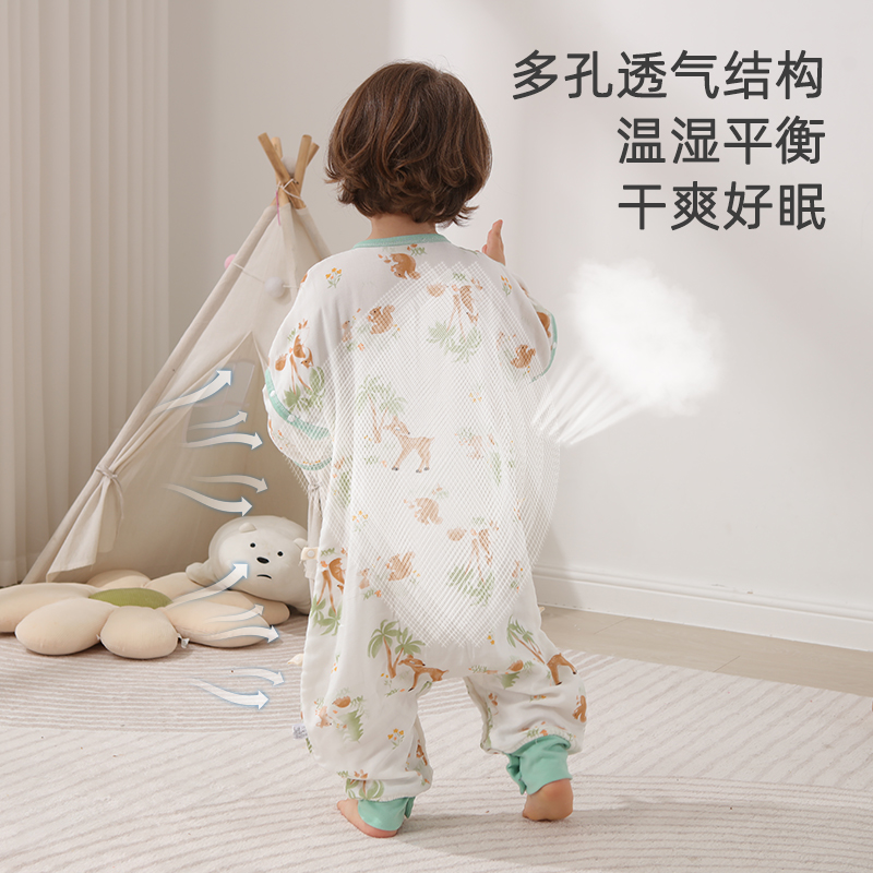 小闹钟儿童睡袋春夏竹棉纱布秋季薄宝宝分腿防踢被子神器四季通用