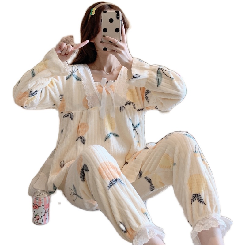 秋冬季新款加厚法兰绒睡衣女长袖款甜美可爱珊瑚绒学生保暖家居服