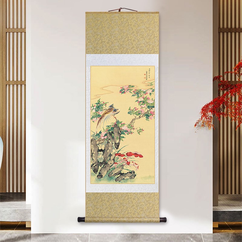 名家绶带桃花图中式花鸟卷轴挂画客厅装饰画办公室书房茶室玄关画