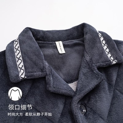 三层加厚夹棉睡衣老人冬款前面门襟开口男士睡裤珊瑚绒保暖家居服