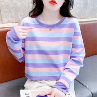 纯棉紫色条纹休闲上衣秋装女2023新款宽松薄款秋冬打底衫长袖T恤
