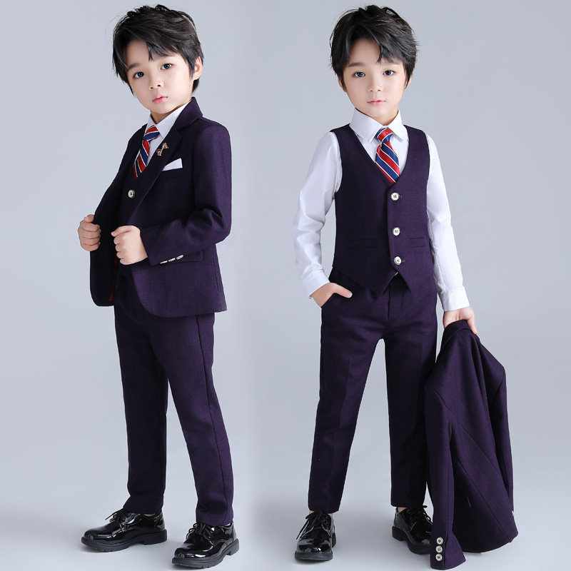 男童西装秋冬季婚礼花童紫红套装 宝宝洋气周岁礼服主持人演出服