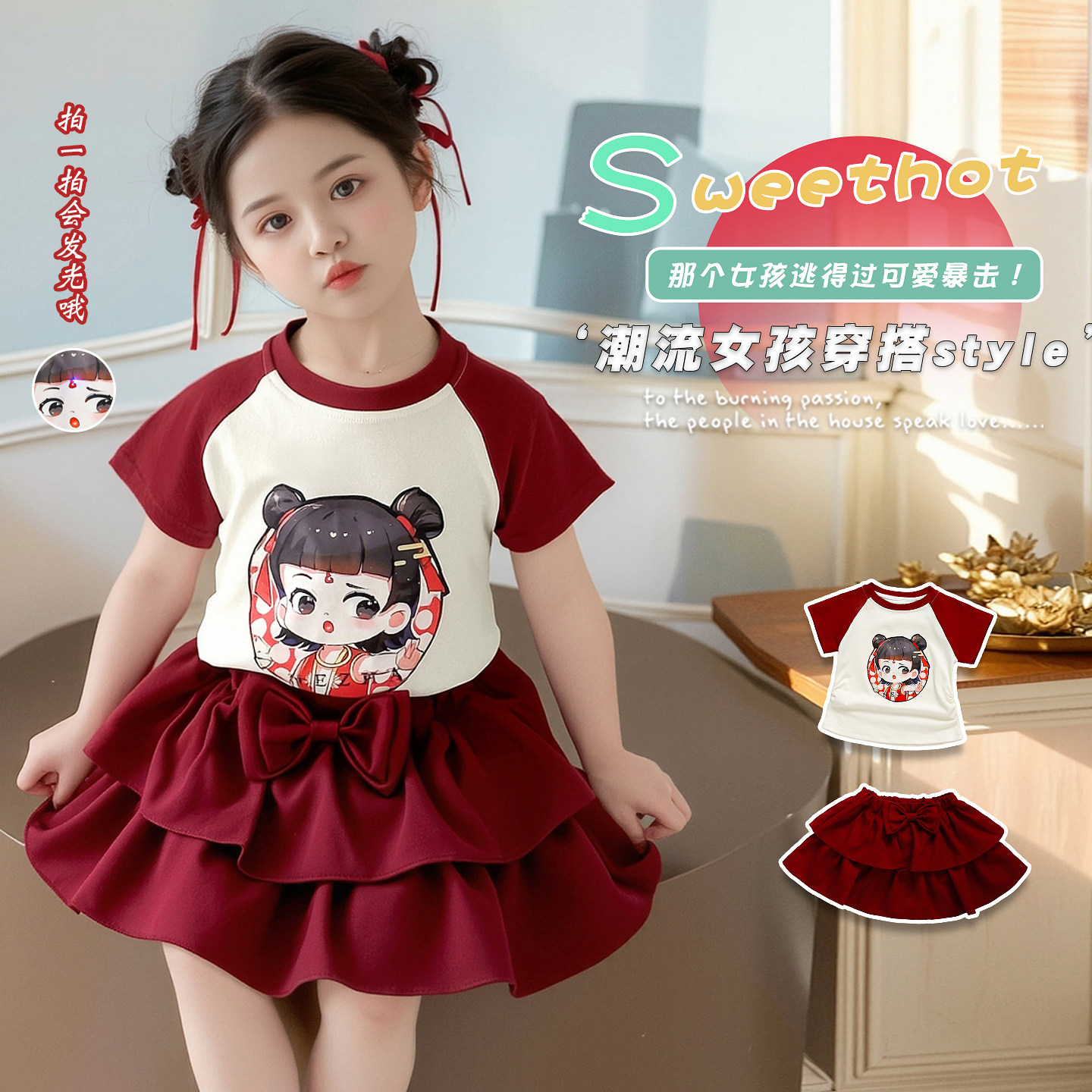 蓓璐熊女童夏季哪吒衣服蛋糕裙