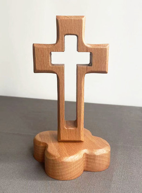 实木镂空十字架家居摆件高14.5cm盒装室N内书房装饰木质十字架