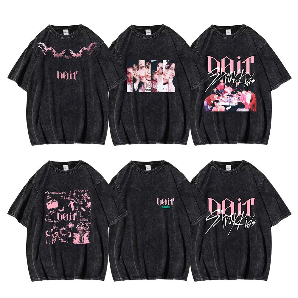 K-POP男团straykids水洗做旧T恤skz新专辑DOIT印花logo短袖女跨境