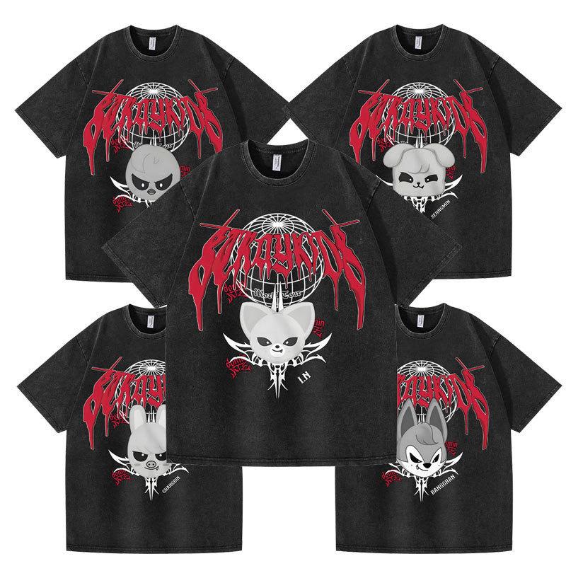 straykids水洗做旧T恤2025邪恶头像skzoo欧美哥特风工装男女t上衣