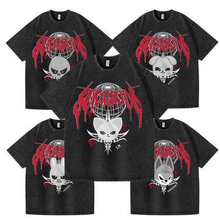 straykids水洗做旧T恤2025邪恶头像skzoo欧美哥特风工装男女t上衣