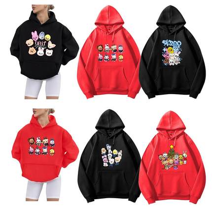 stray kids周边卡通skzoo口袋卫衣2025秋冬抓绒跨境轻连帽不起球