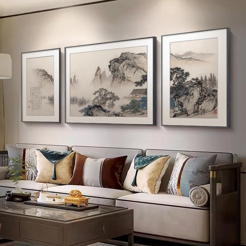 山水画靠山图新中式客厅装饰画聚宝盆沙发背景墙挂画招财茶室壁画