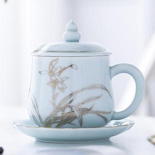 景德镇陶瓷茶杯带盖家用水杯办公室泡茶杯子个人单杯描金咖啡杯