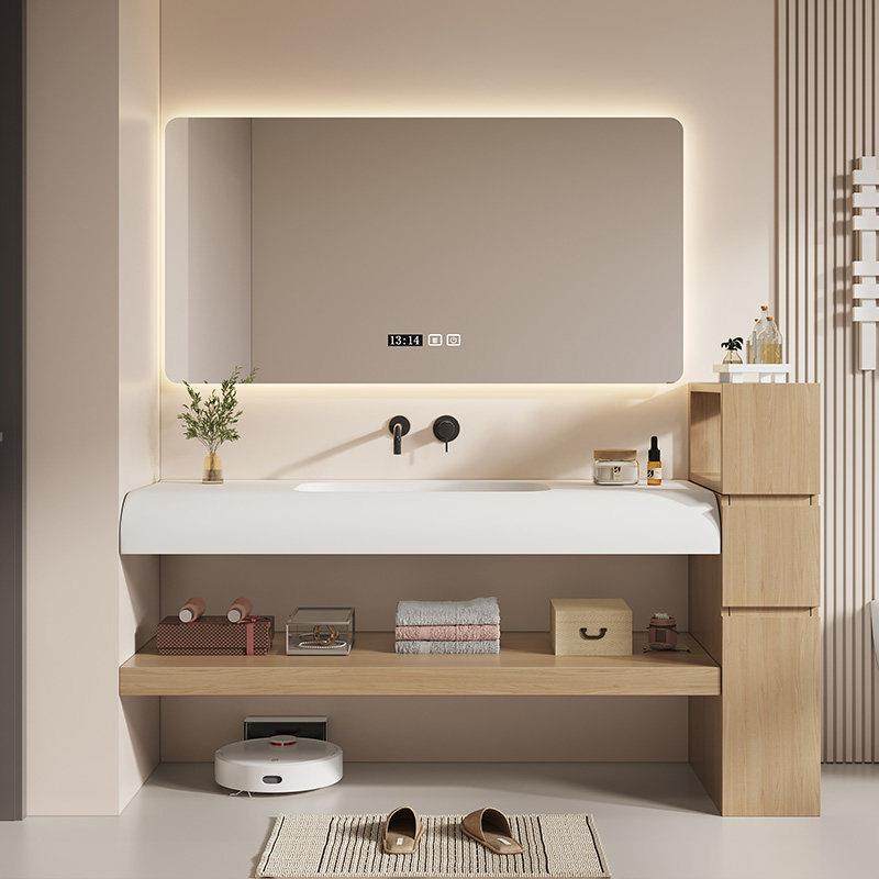 定制浴室柜组合原木风可丽耐岩板热弯无缝一体盆实木洗脸洗漱台盆