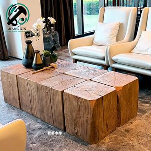 原木木墩凳子中古复古边几实木方形根雕诧寂风做旧家用木桩床头柜