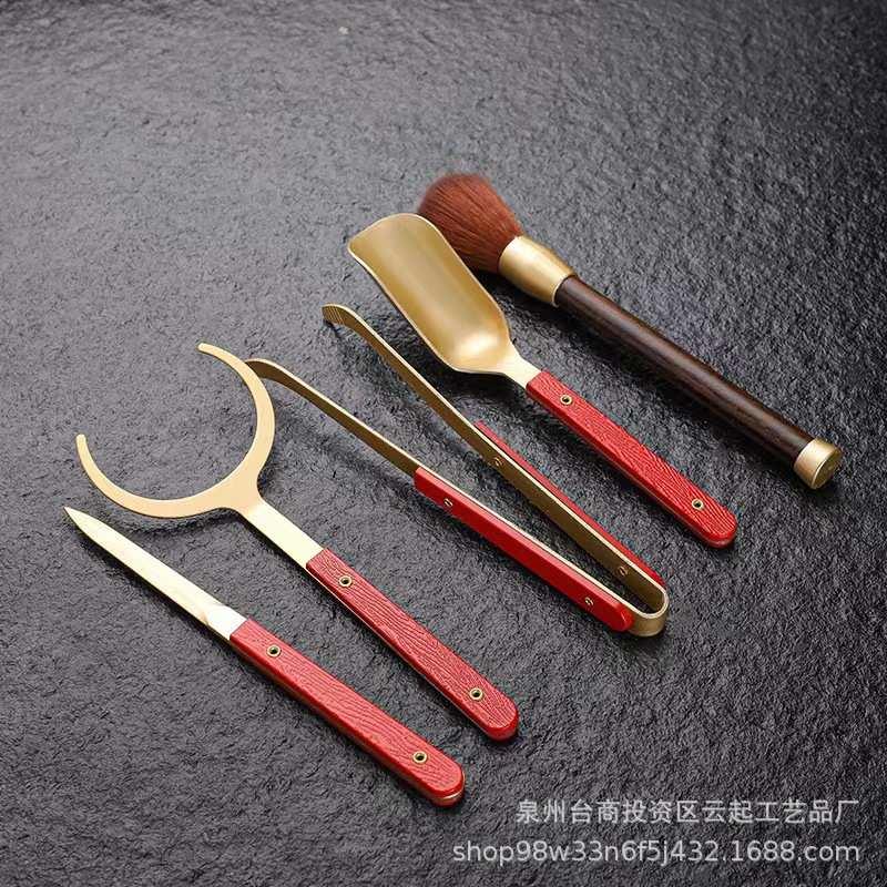 铜木茶道六君子配件实木黑檀功夫茶具茶夹茶刀笔筒合金茶勺养壶笔