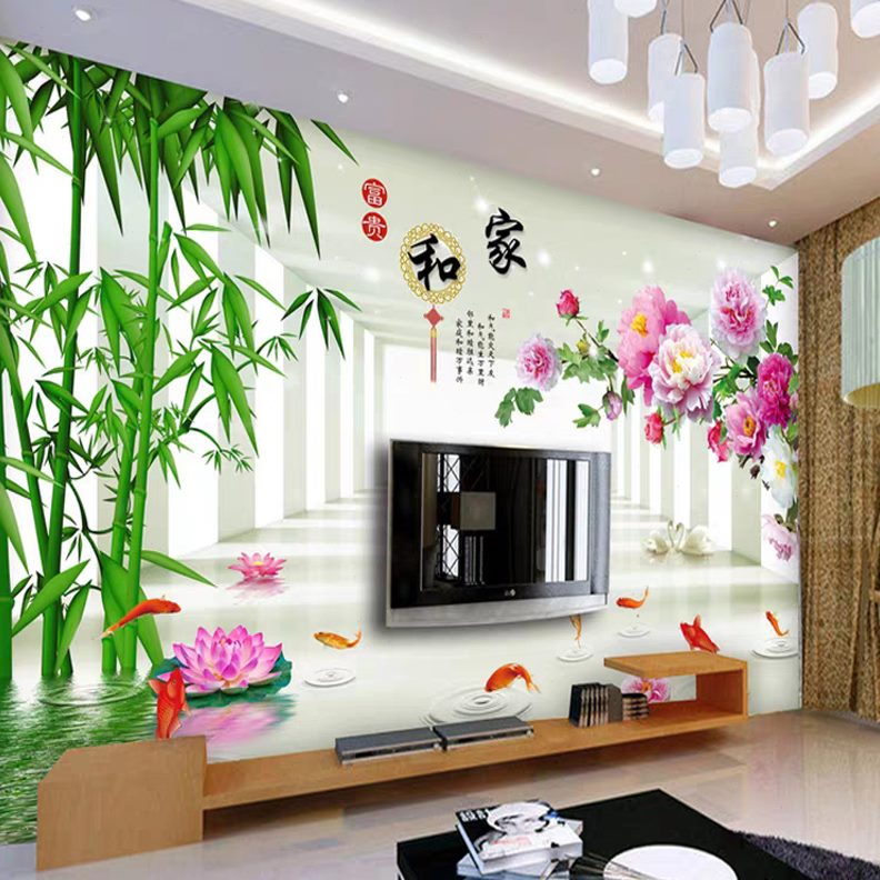 电视背景墙壁纸现代中式家和沙发装饰壁画墙布8d立体墙纸荷花竹子图片