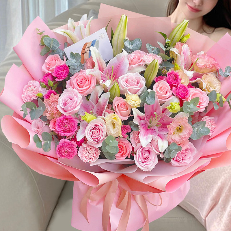 康乃馨玫瑰百合花束鲜花同城速递配送北京上海成都生日毕业季典礼