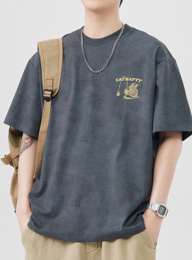 Erise lab 26SS重磅宽松高棉圆领T恤男夏季潮牌印花灰色大码5分袖