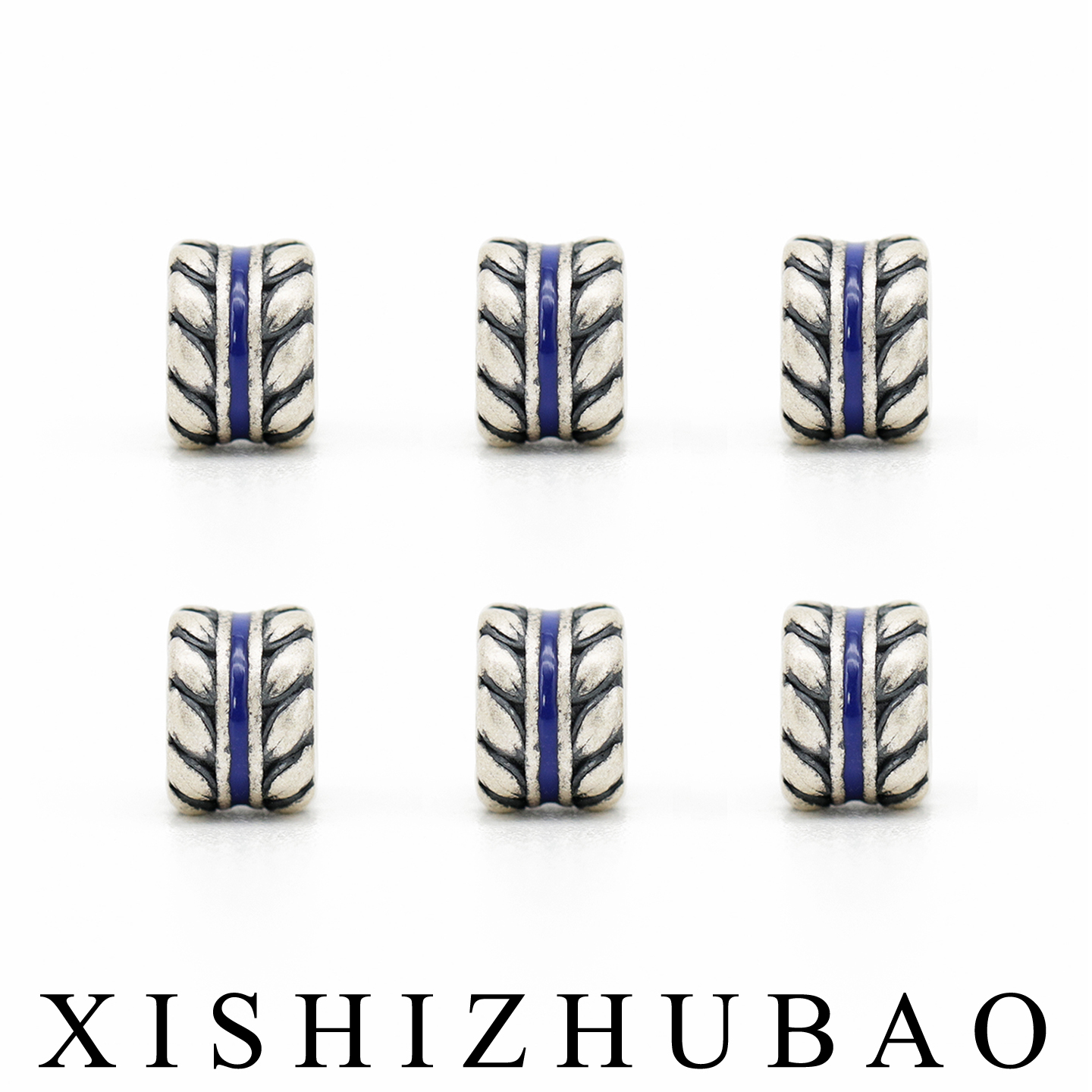 S999纯银烧蓝做旧麦穗纹小桶珠