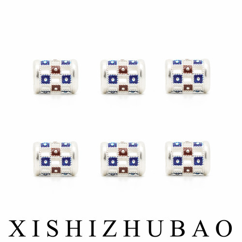 S999纯银滴胶镂空格子纹长桶珠