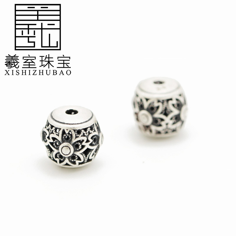 S999纯银复古小花桃花桶珠