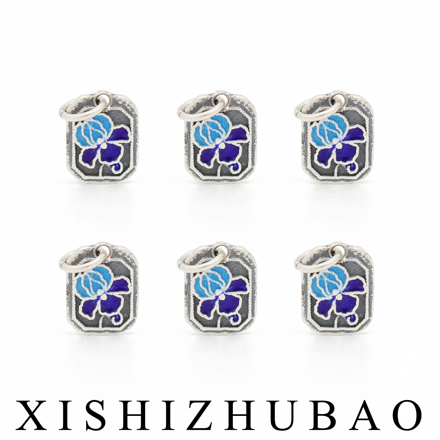 S999纯银烧蓝莲花方牌挂坠