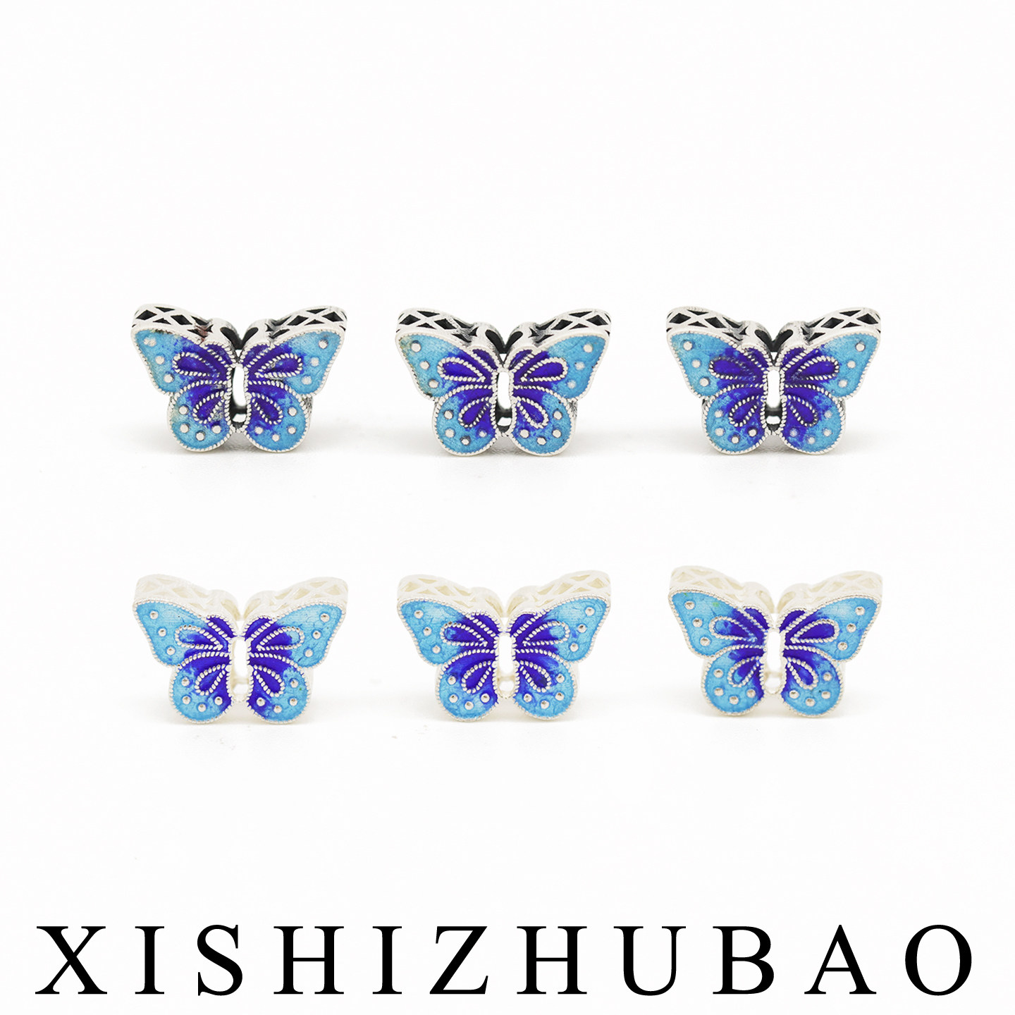 S999纯银烧蓝镂空蝴蝶背云扁珠