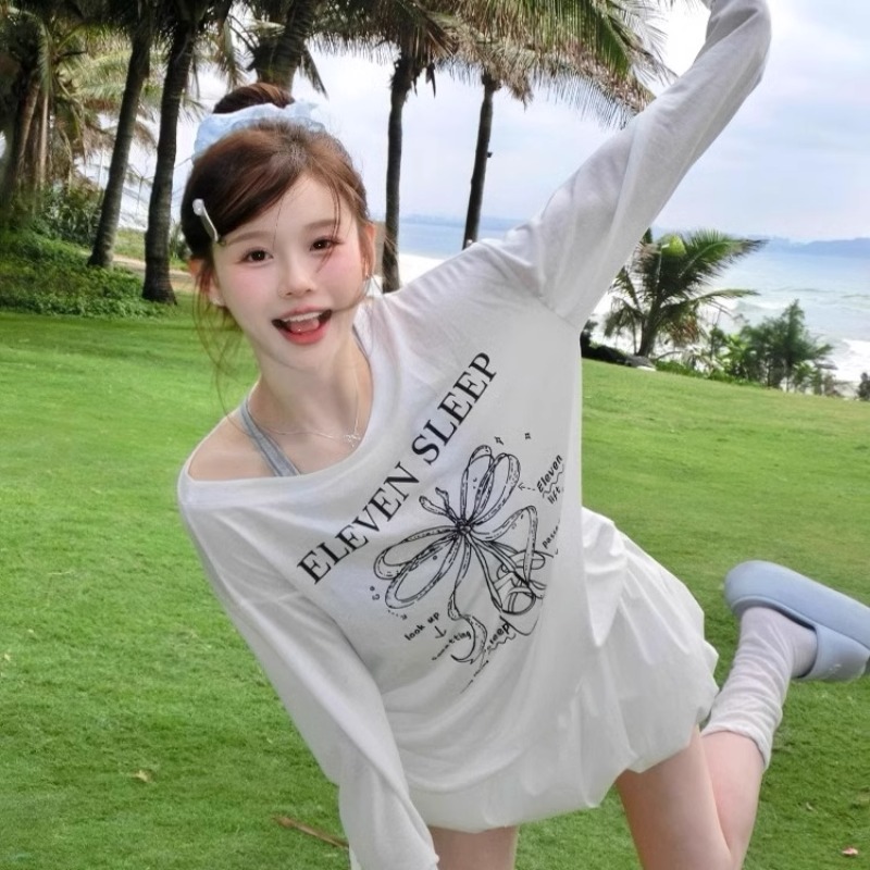 慵懒风薄款印花斜肩白色长袖T恤女夏季微透宽松显瘦罩衫百搭上衣
